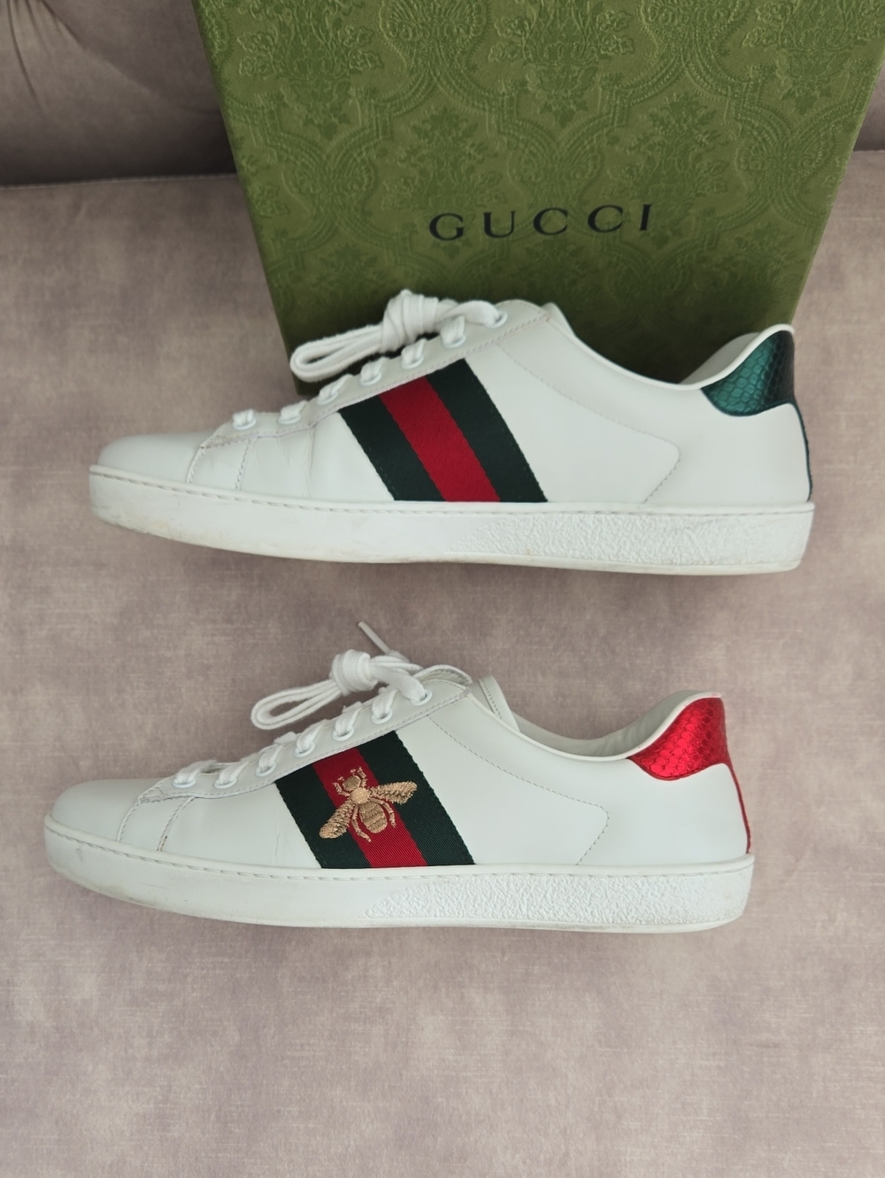 Gucci "New Ace Bee Embroidered" White Sneakers, Size 8.5 - Picture 4 of 13
